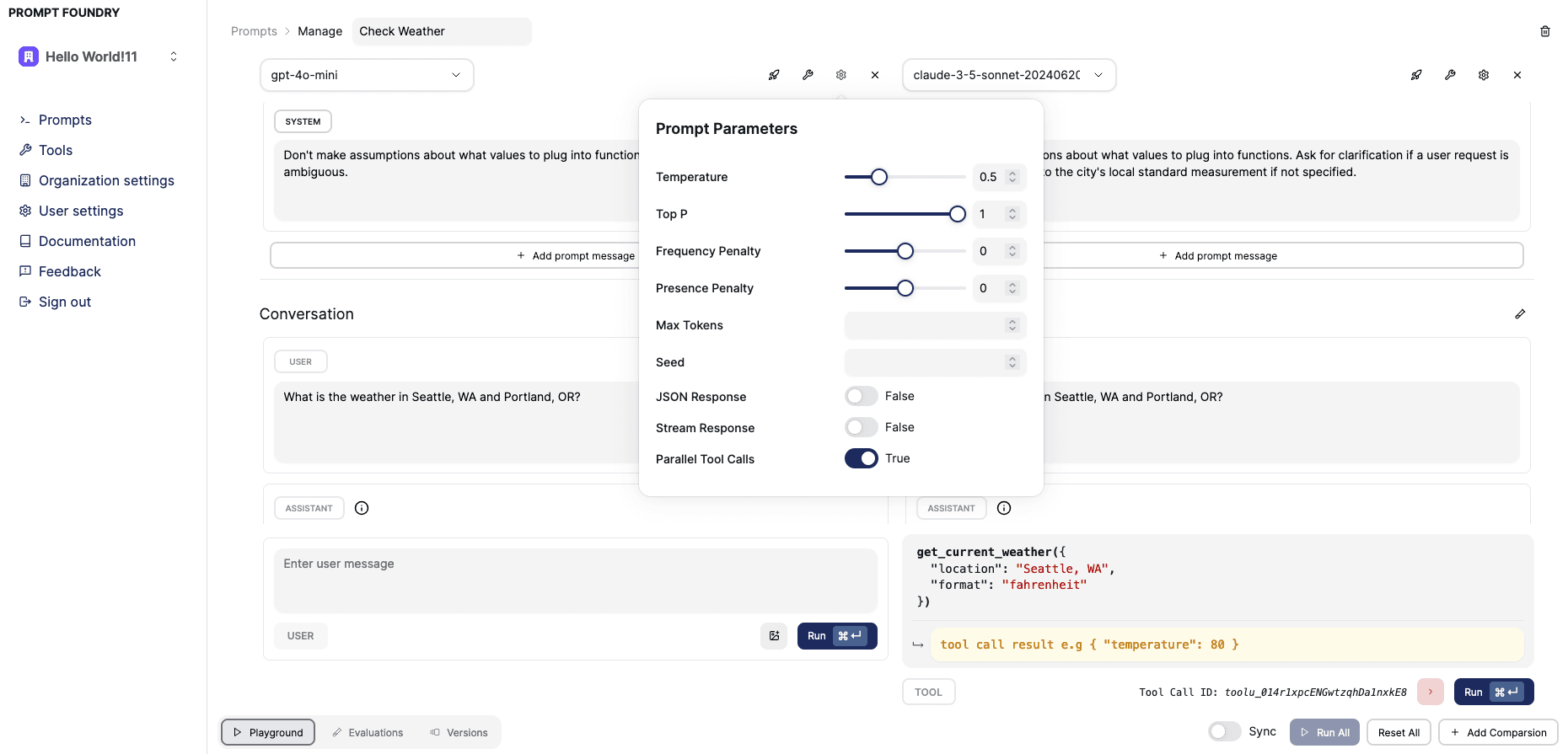 prompt management and evaluation tool UI